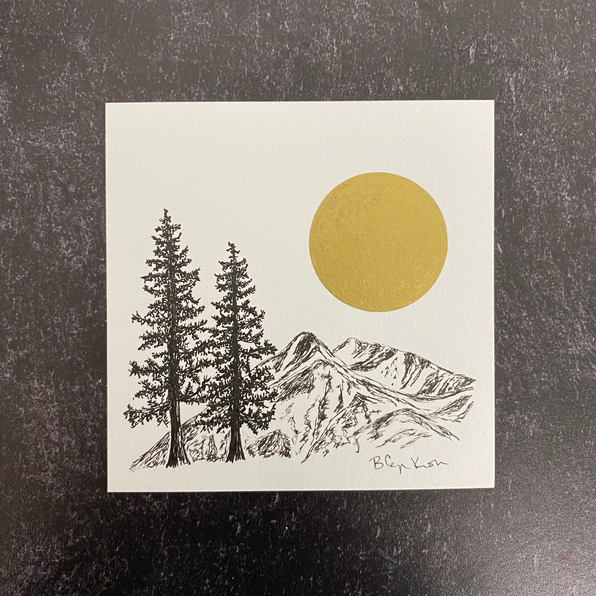 Mountain and trees and full moon - Original Drawing - 4&quot; x 4&quot;