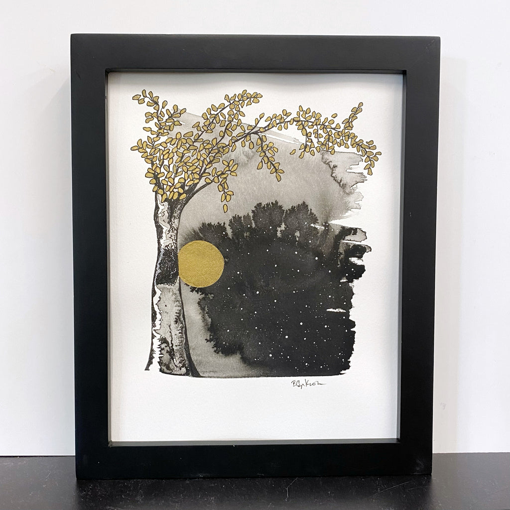 Beauty in the Upside Down 44 - Moonlit Bark and Golden Leaves - Original Drawing - 8”x10”