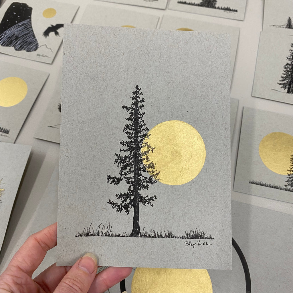Very Tall Tree and Full Moon in a Spring Field - Grey and Gold Collection #48 - Original drawing - 5"x7"