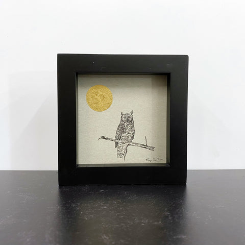 Owl says hi - Grey and Gold Collection #61 - Original drawing - 4"x4"