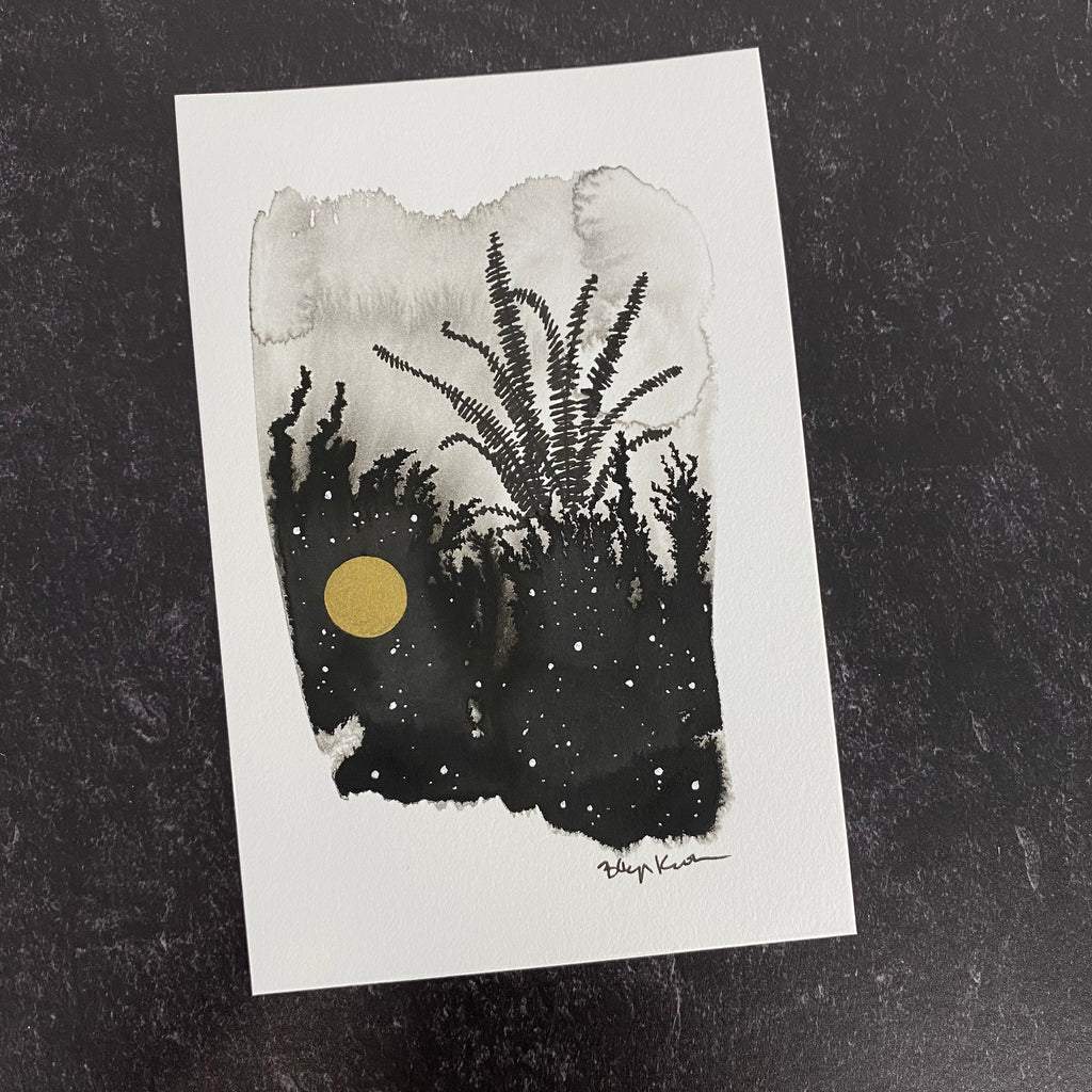 Beauty in the Upside Down 31 - Single Fern and little Full Moon - Original Drawing - 4”x6”