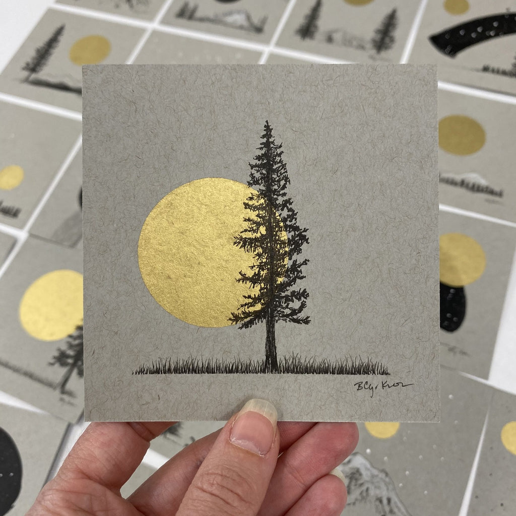 Giant Moon and Solo Tree in Field - Grey and Gold Collection #15 - Original drawing - 4"x4"