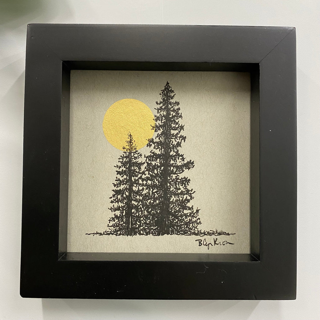 Tree Pair with Moon - Grey and Gold Collection #31 - Original drawing - 4"x4"