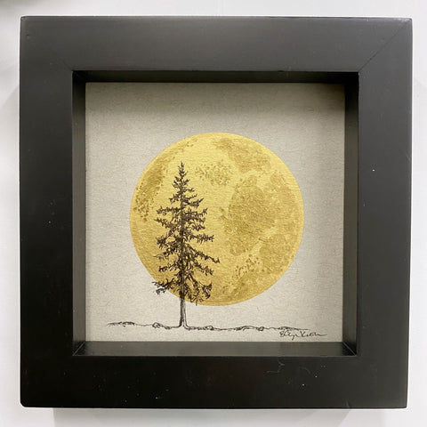 Giant Super Moon with Douglas Fir - Grey and Gold Collection #44 - Original drawing - 4"x4"