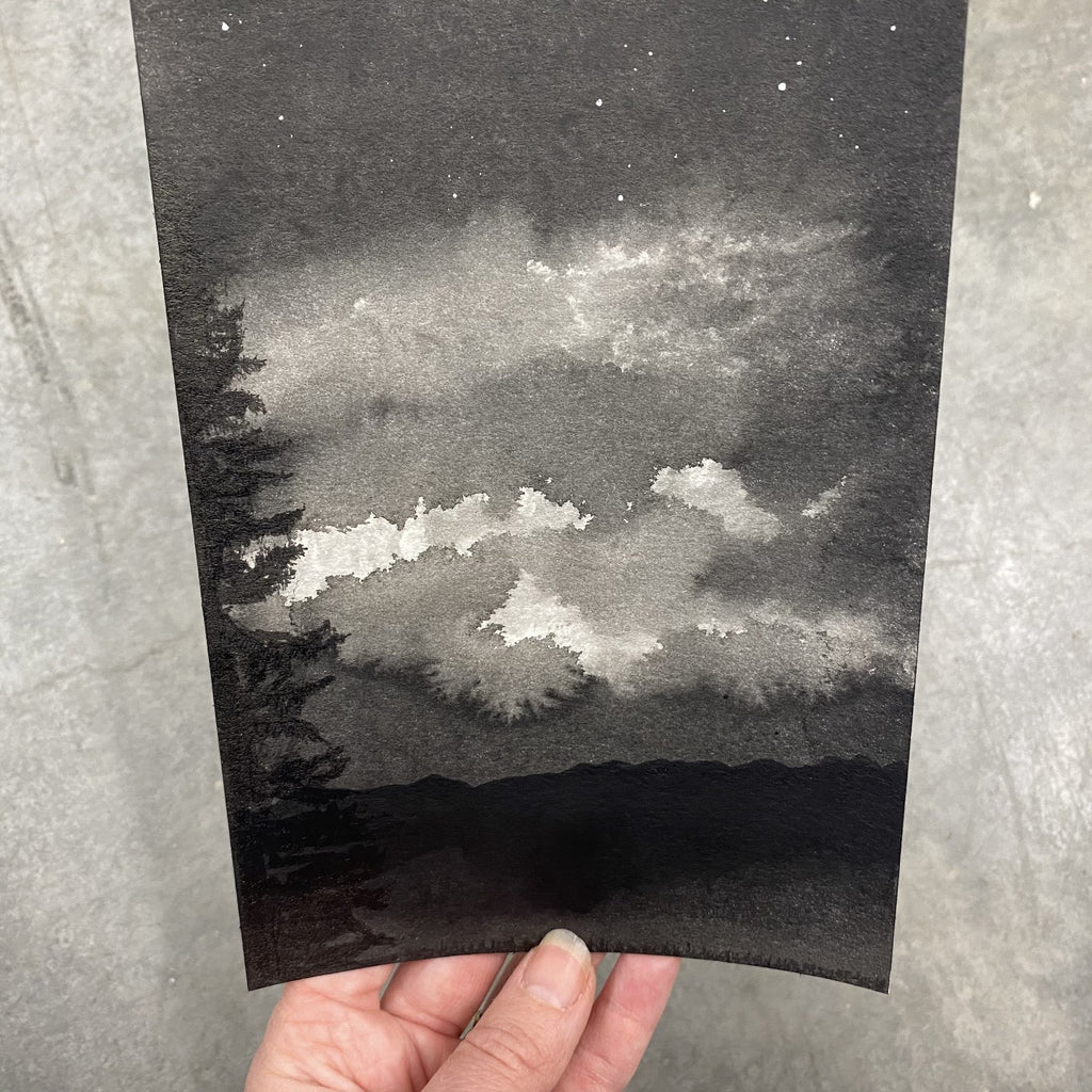 Winter Night Sky 2 - Illuminated clouds - 5 x 7 - Original Drawing