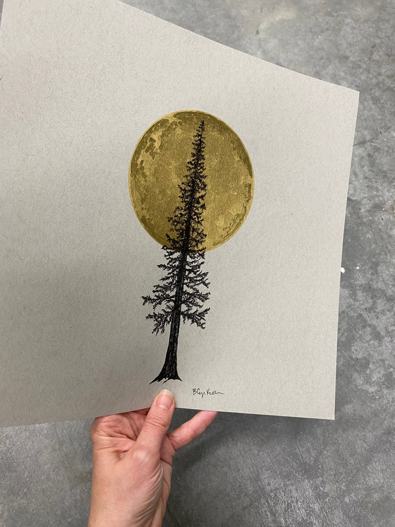 Super Moon and Tall Tree - Grey and Gold Collection #69 - Original Drawing - 11" x 11"