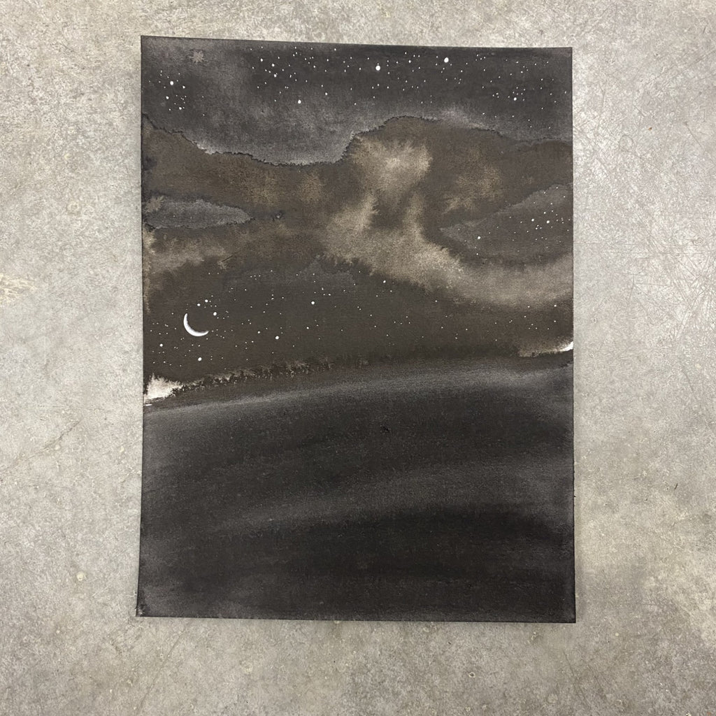 Winter Night Sky 19 - Crescent moon on a cloudy evening - 6 x 8 - Original Drawing