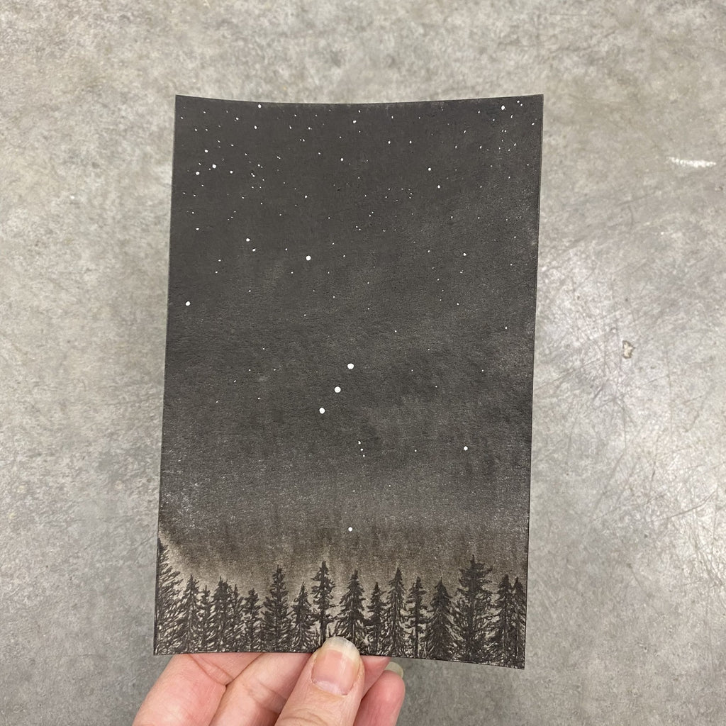 Winter Night Sky 10 - Orion over the tree line - 4 x 6 - Original Drawing