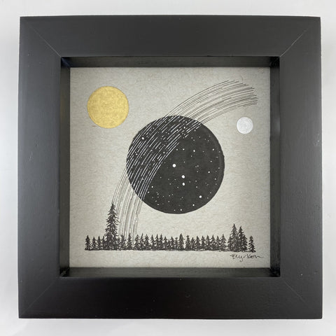 Aries, Star Trails, Sun and Moon over the Tree Line - Grey and Gold Collection #8 - Original drawing - 4"x4"
