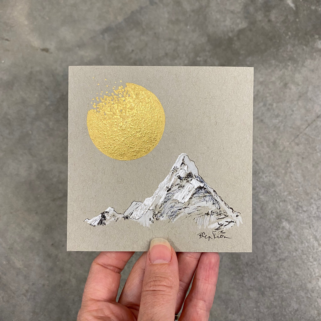 Snowy mountain peak with fading moon- Grey and Gold Collection #57 - Original drawing - 4"x4"