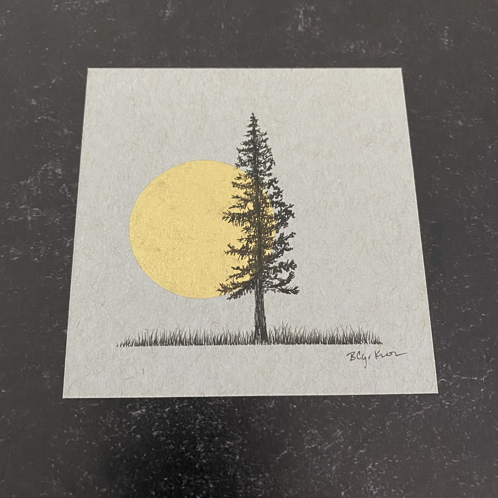 Giant Moon and Solo Tree in Field - Grey and Gold Collection #15 - Original drawing - 4"x4"
