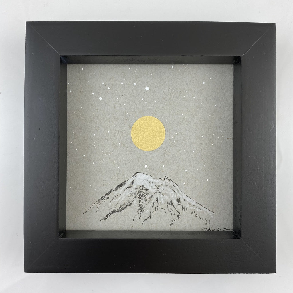 Mt. Baker Inspired Snowy Mountain and Moon with Little Dipper - Grey and Gold Collection #19 - Original drawing - 4"x4"