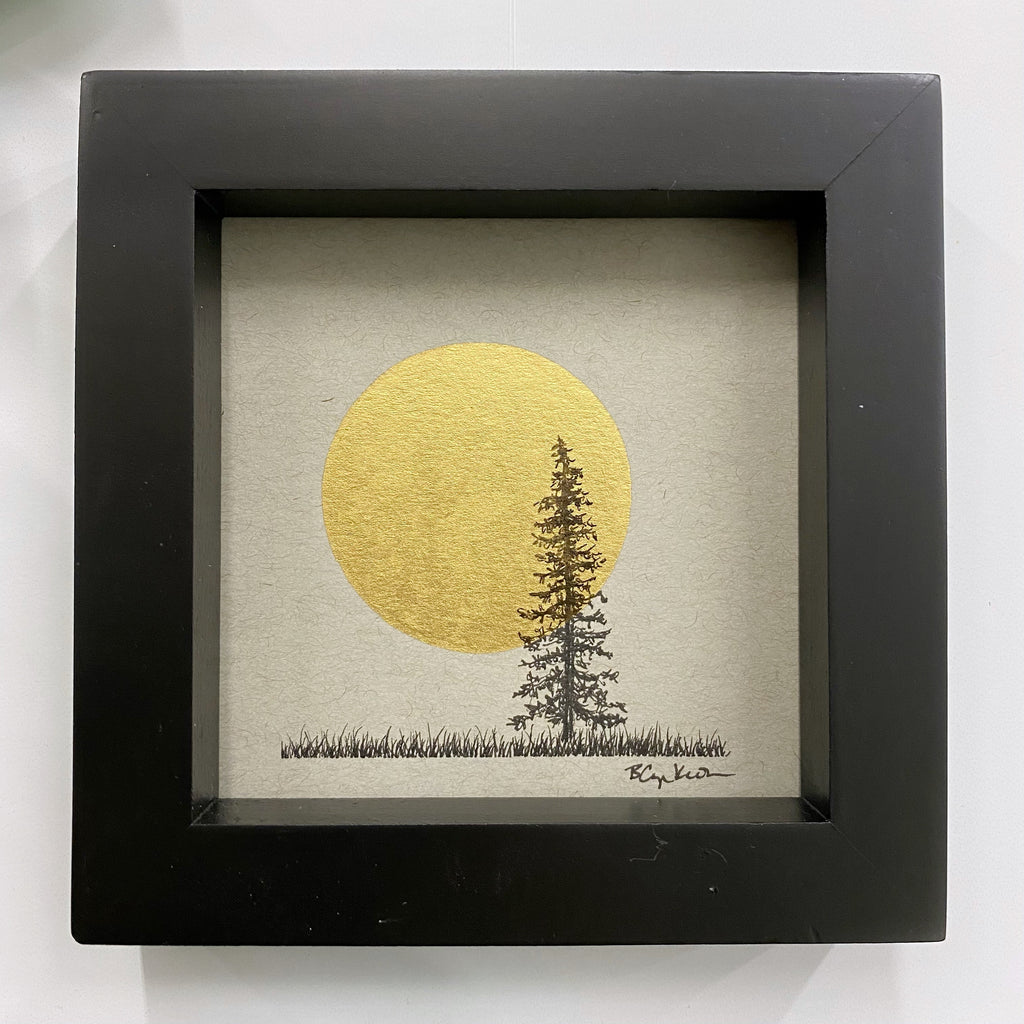 Large Full Moon in a Field with Solo Tree - Grey and Gold Collection #45 - Original drawing - 4"x4"