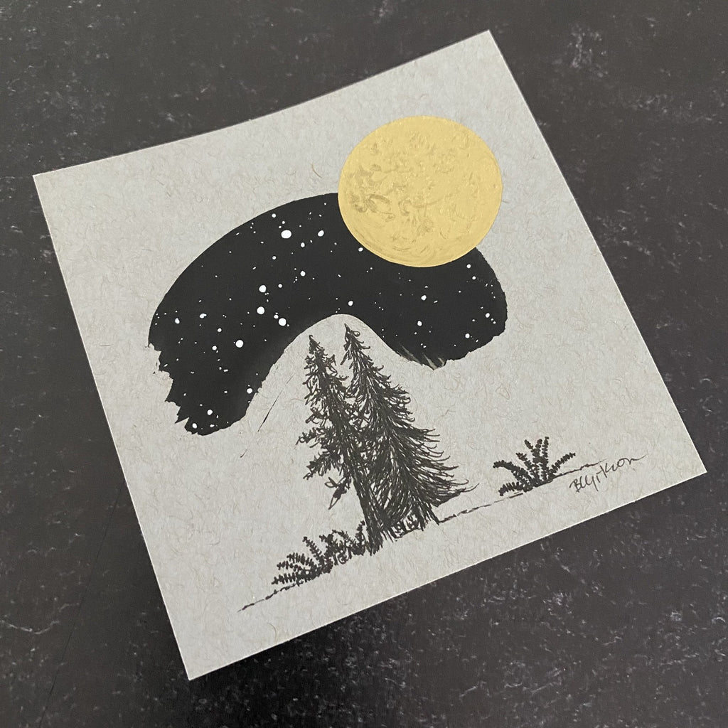 Trees, Ferns and Canis Major with Full Moon - Grey and Gold Collection #18 - Original drawing - 4"x4"