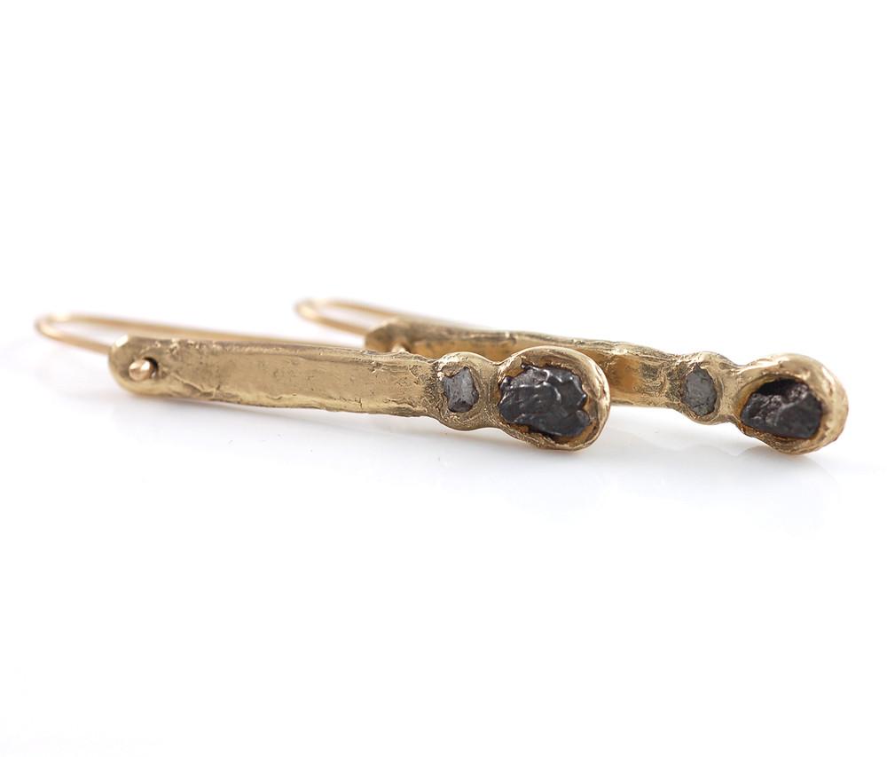 Meteorite and Rough Diamond Earrings in 14k Yellow gold #1 - Ready to Ship - Beth Cyr Handmade Jewelry