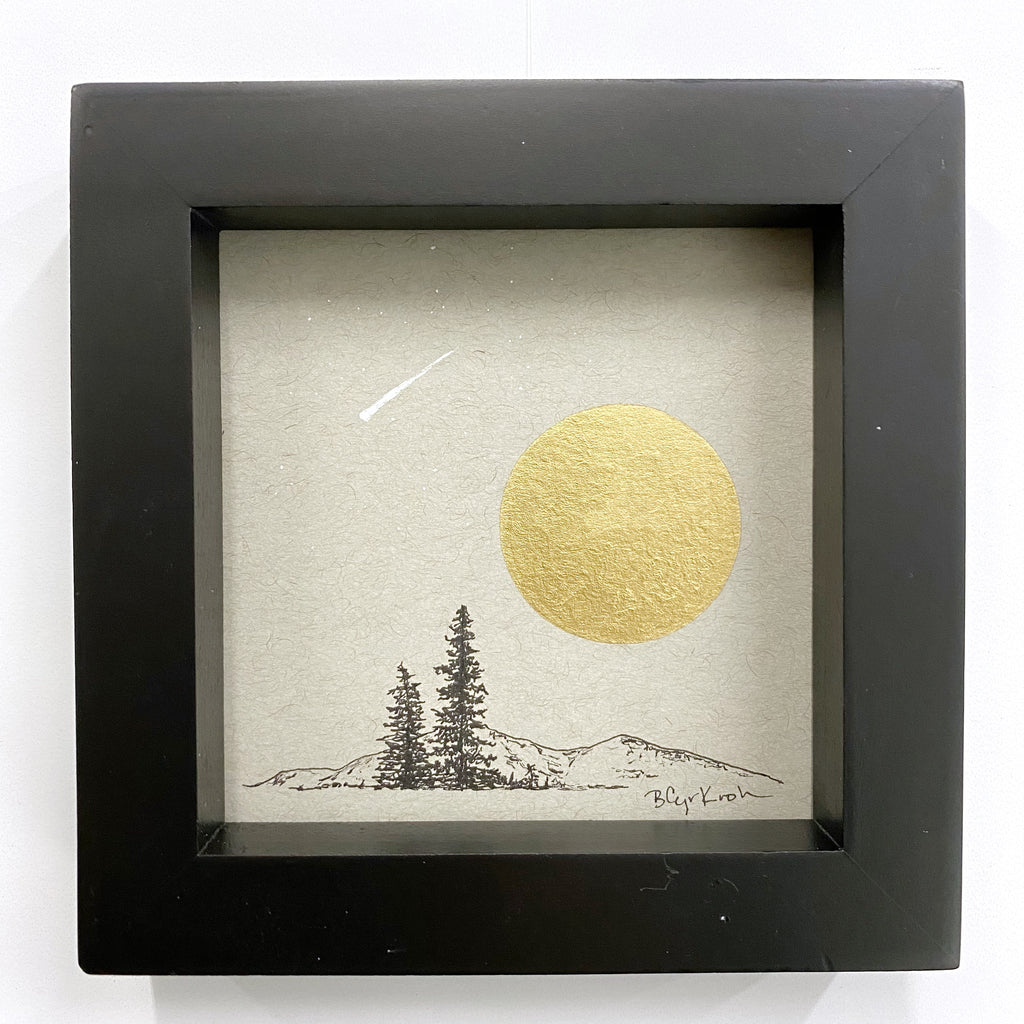 Shooting Star, Moon, Mountain and Tree pair - Grey and Gold Collection #35 - Original drawing - 4"x4"