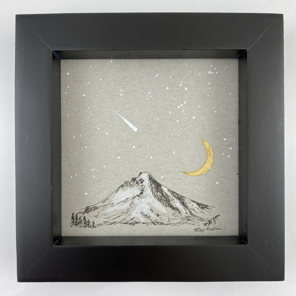 Shooting Star, Mt. Hood, Moon and little Orion - Grey and Gold Collection #7 - Original drawing - 4"x4"