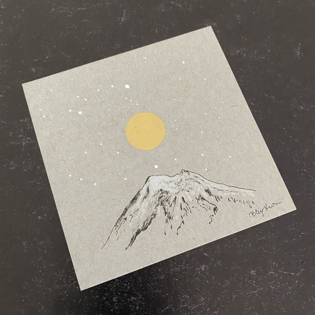 Mt. Baker Inspired Snowy Mountain and Moon with Little Dipper - Grey and Gold Collection #19 - Original drawing - 4"x4"