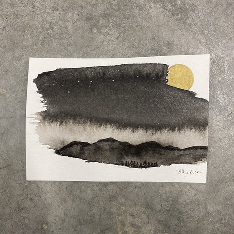 Winter Night Sky 7 - Light behind the mountains - 3.5 x 5 - Original Drawing