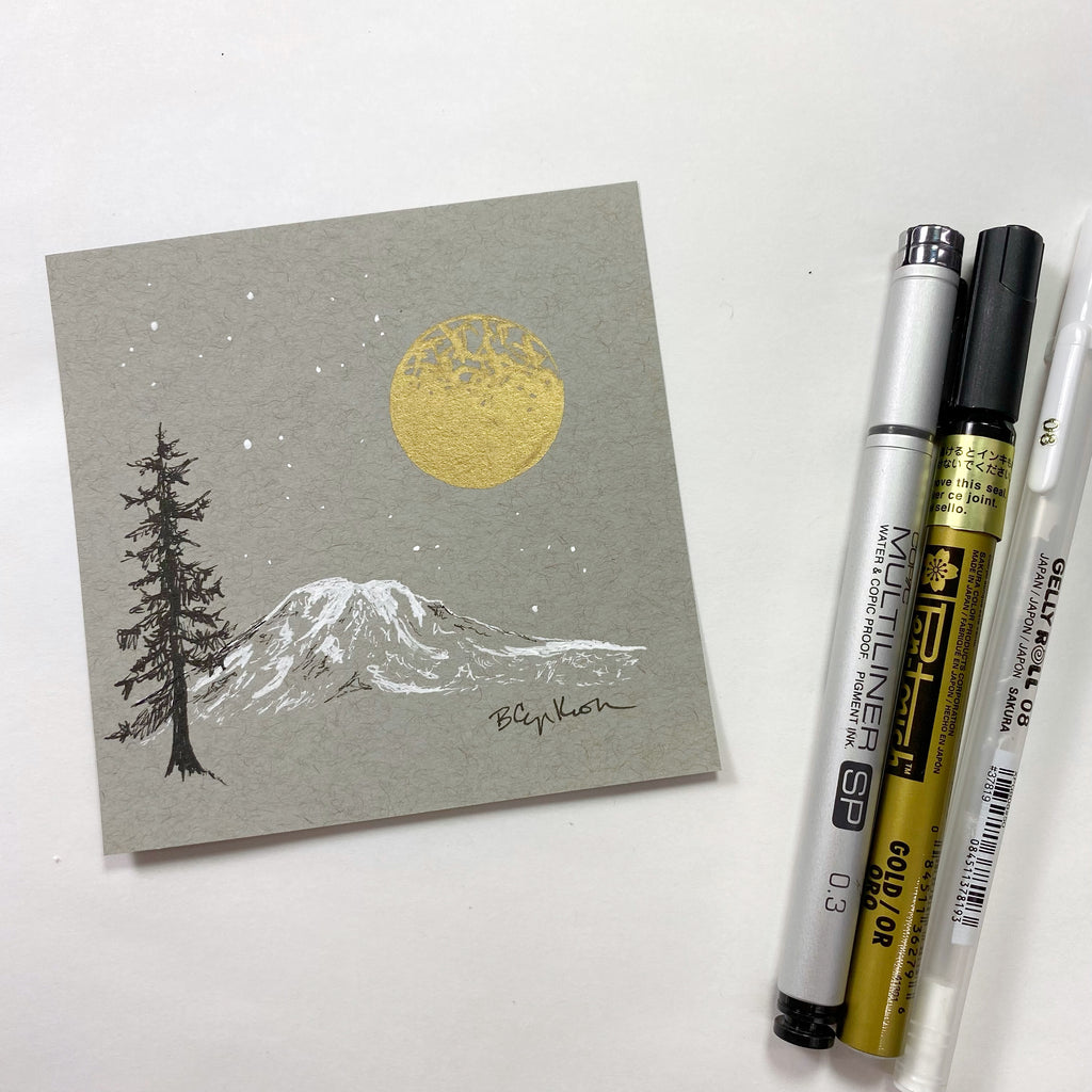 Snow capped mountain - Grey and Gold Collection #72 - Original drawing - 4"x4"