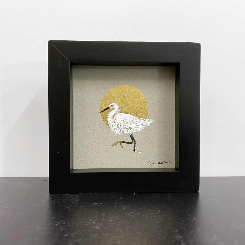 Snowy Egret - Grey and Gold Collection #62 - Original drawing - 4"x4"