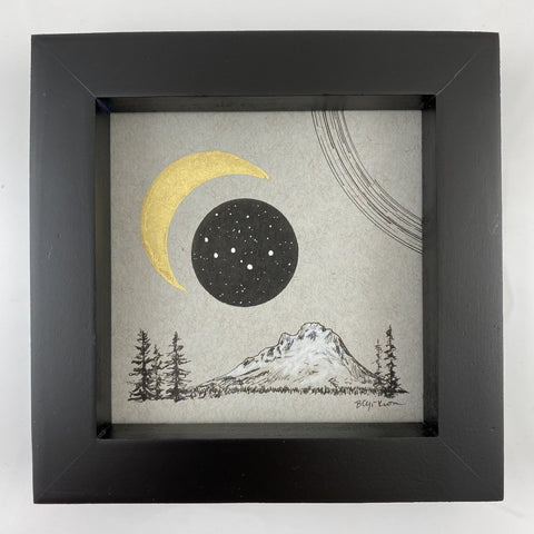 Moon, Cassiopeia and Mt. Hood (and star trails) - Grey and Gold Collection #2- Original drawing - 4"x4"