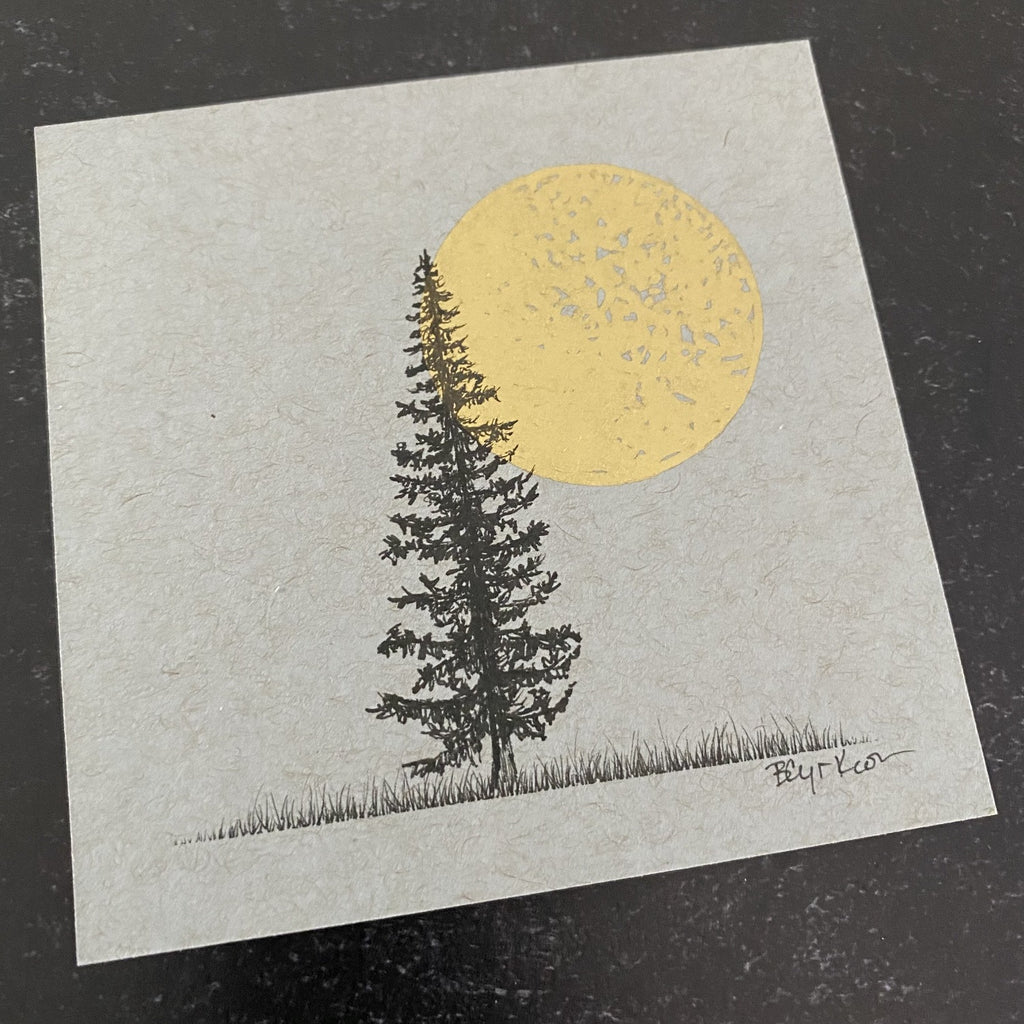 Centered Tree and Solo Moon - Grey and Gold Collection #25 - Original drawing - 4"x4"