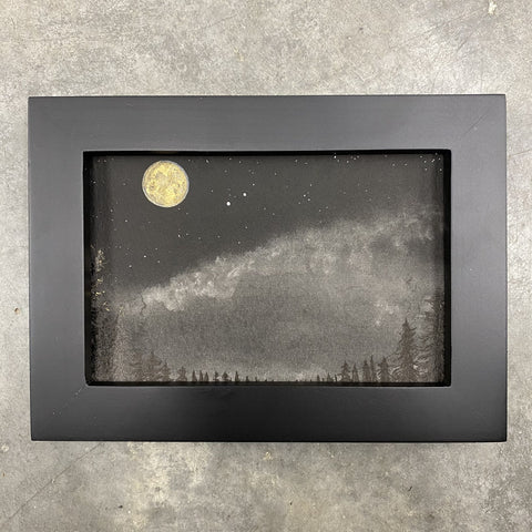 Winter Night Sky 11 - Full moon over the clouds and trees - 4 x 6 - Original Drawing
