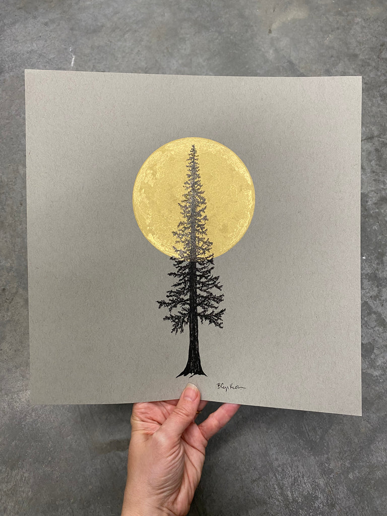 Super Moon and Tall Tree - Grey and Gold Collection #69 - Original Drawing - 11" x 11"