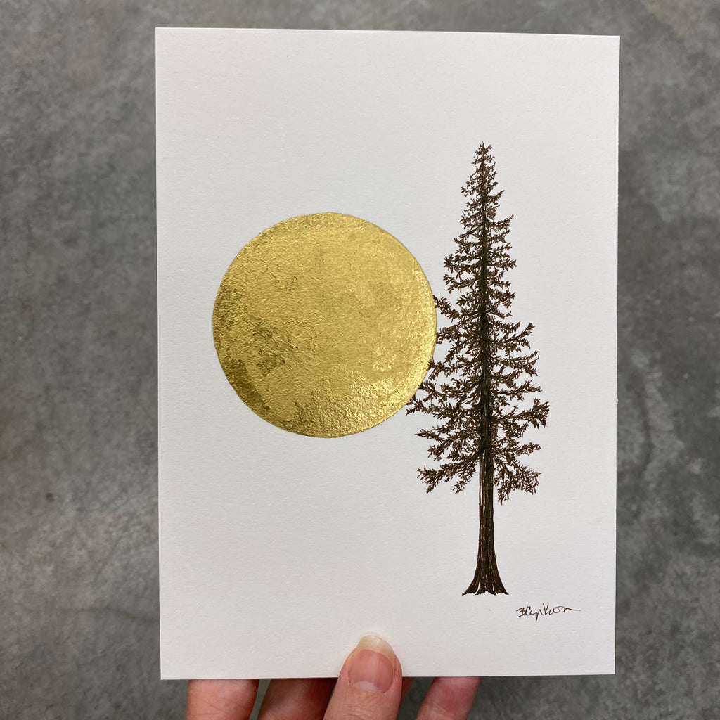 Giant Full moon with tall tree in brown ink - Original Drawing - 5" x 7"