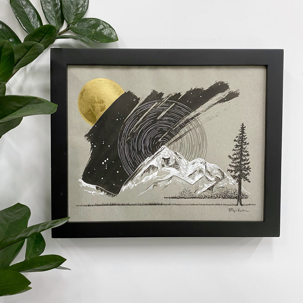 Orion, Star Trails, Mountain and Tree - Grey and Gold Collection #54 - Original drawing - 8"x10"