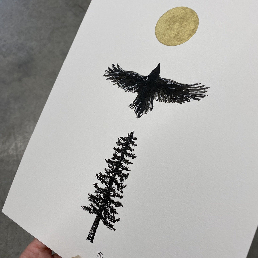 Raven - Art Print - Inktober 2021 - Day 5 - hand embellished