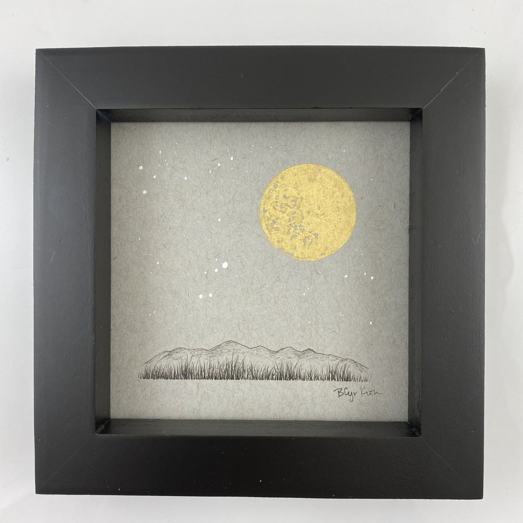 Lyra, Full Moon and a Grassy Mountain Horizon - Grey and Gold Collection #21 - Original drawing - 4"x4"