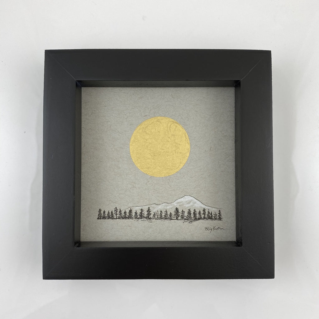 Giant Gold Moon over Snowy Mountain Tree Line - Grey and Gold Collection #9 - Original drawing - 4"x4"