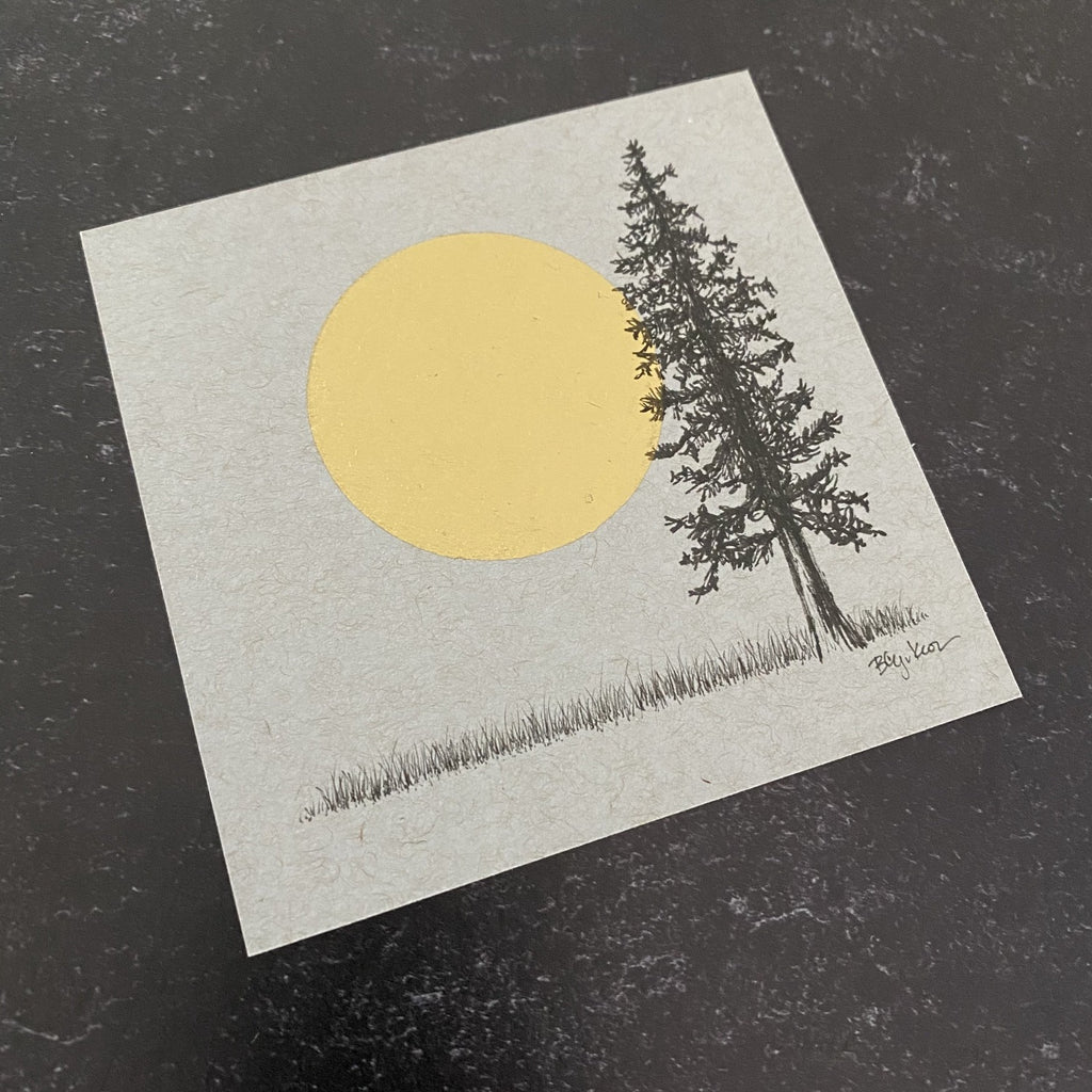 Supermoon and Solo Tree - Grey and Gold Collection #17 - Original drawing - 4"x4"