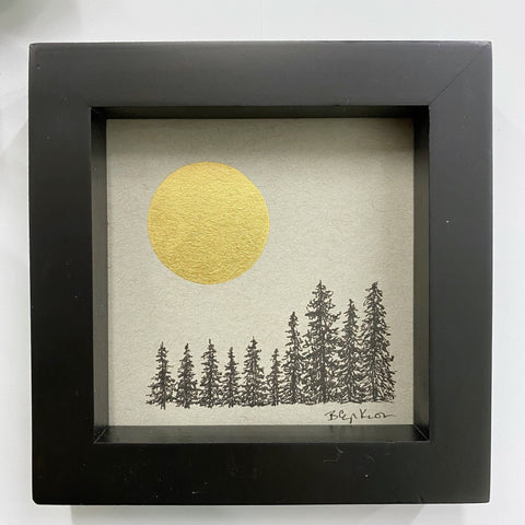 Tree line and Full Moon - Grey and Gold Collection #39 - Original drawing - 4"x4"