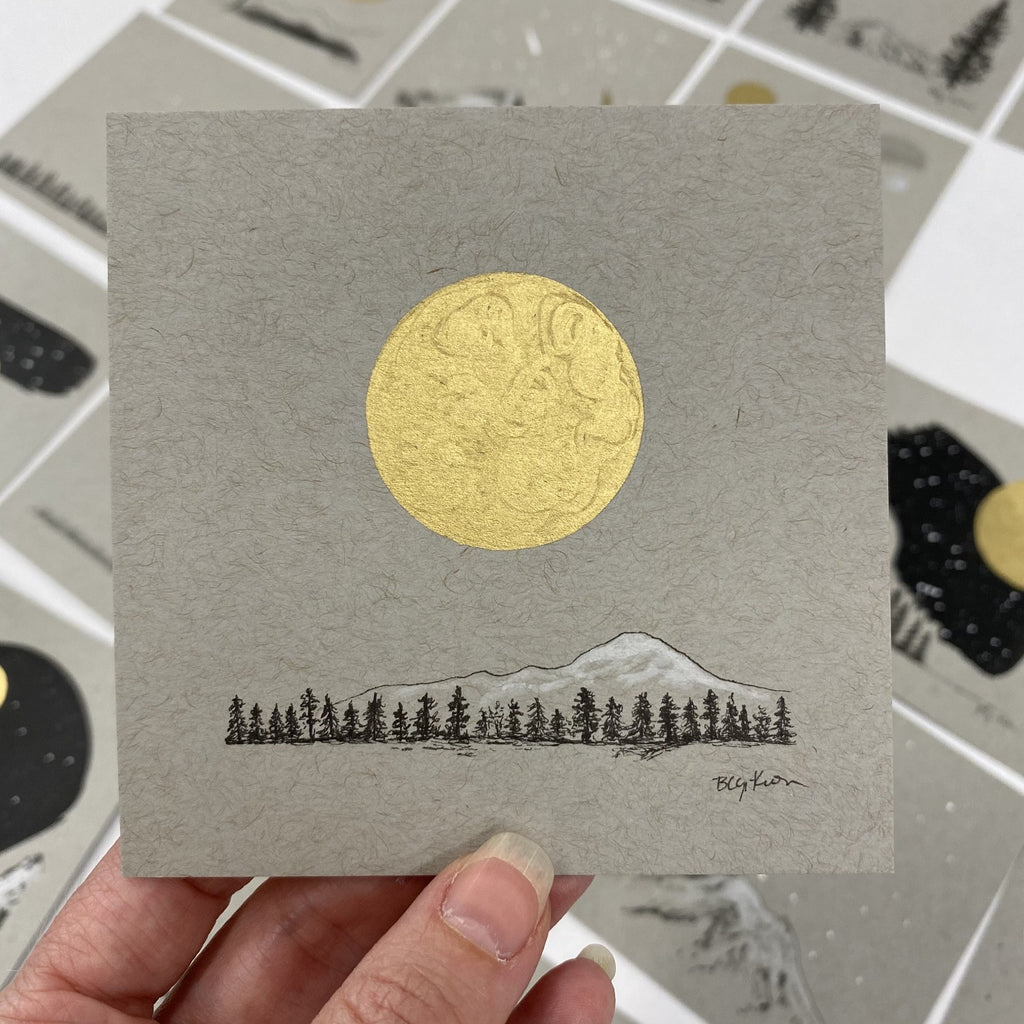 Giant Gold Moon over Snowy Mountain Tree Line - Grey and Gold Collection #9 - Original drawing - 4"x4"