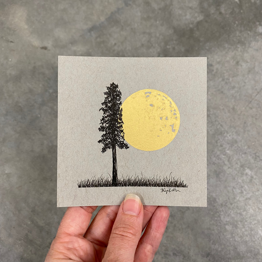 Snuggling moon and tree - Grey and Gold Collection #58 - Original drawing - 4"x4"