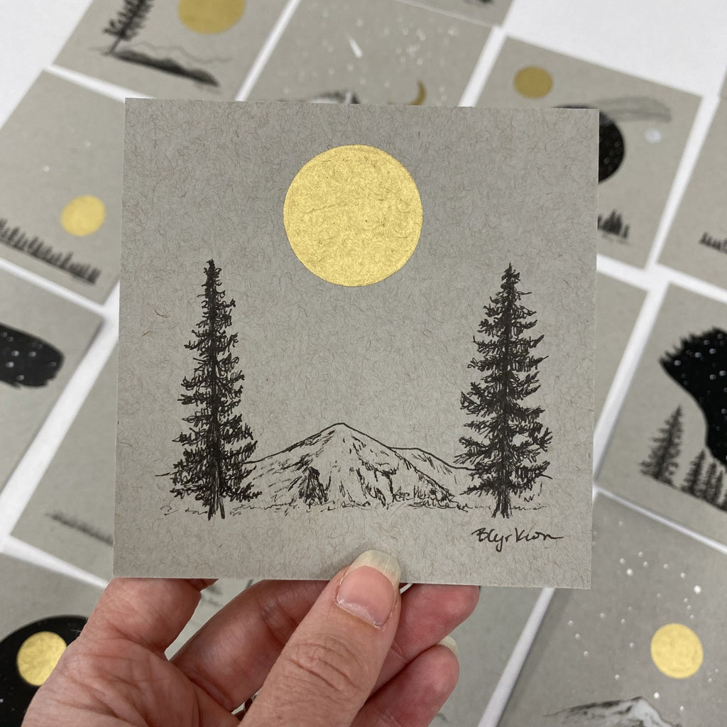 Sun, Mountain and Tree Twins - Grey and Gold Collection #3 - Original drawing - 4"x4"