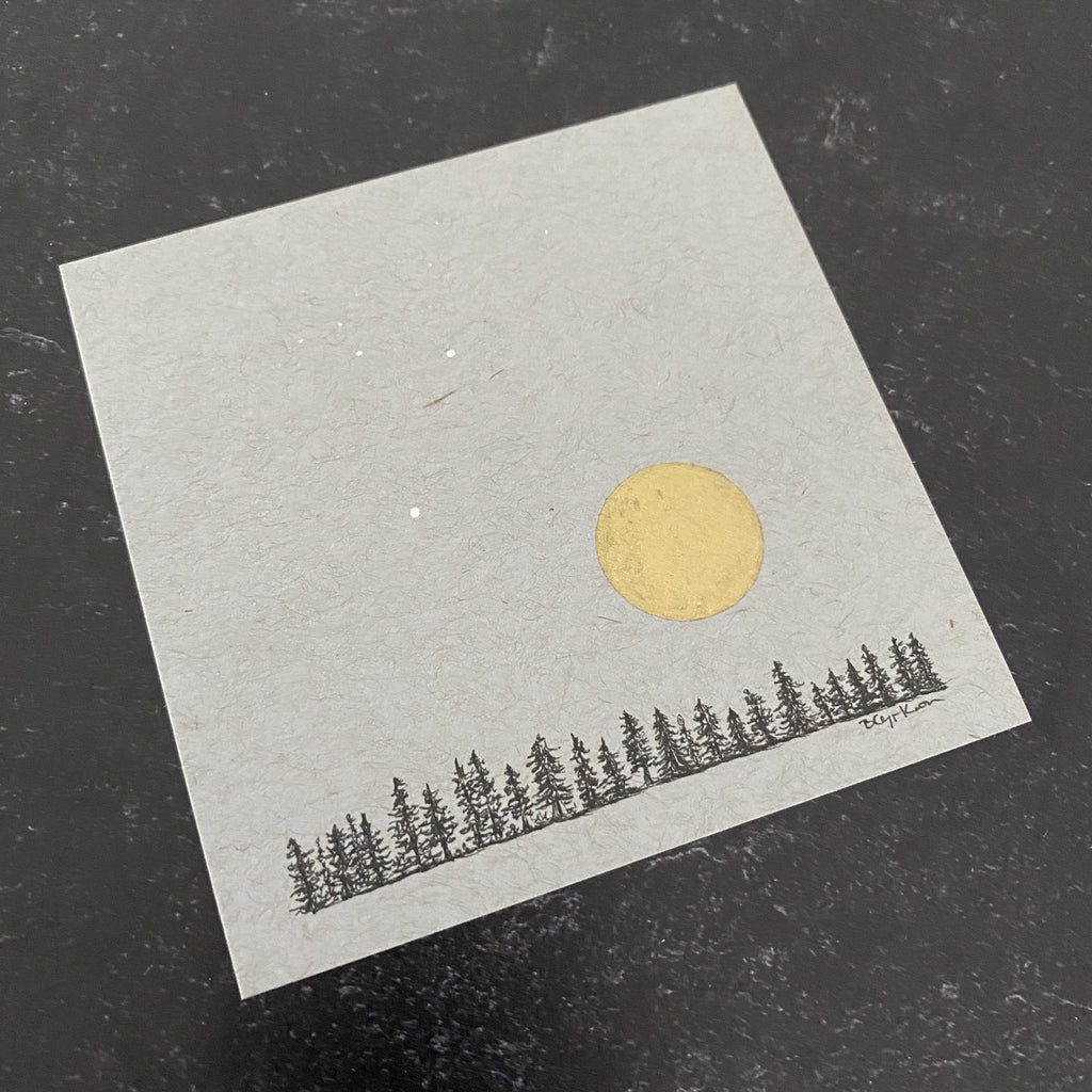 Tree Line and Full Moon - Grey and Gold Collection #11 - Original drawing - 4"x4"