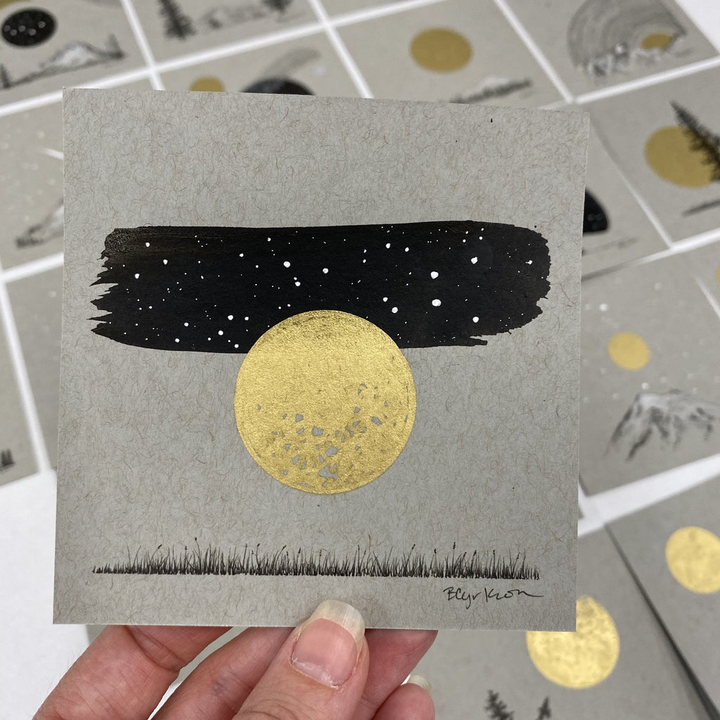 Grassy Meadow, Harvest Moon, the Hare Constellation - Grey and Gold Collection #16 - Original drawing - 4"x4"