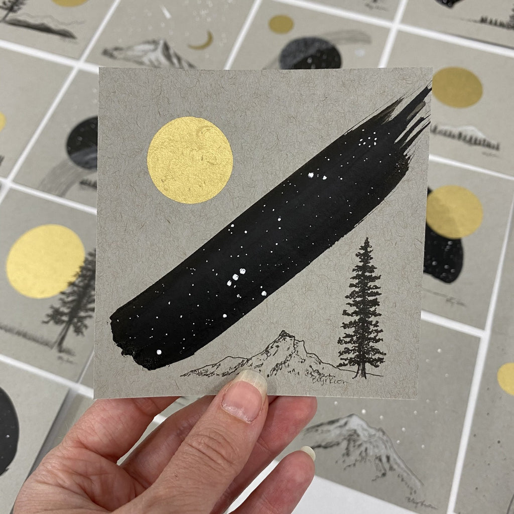Tree, Mountain, Moon and Pleiades (and part of Orion) - Grey and Gold Collection #24 - Original drawing - 4"x4"