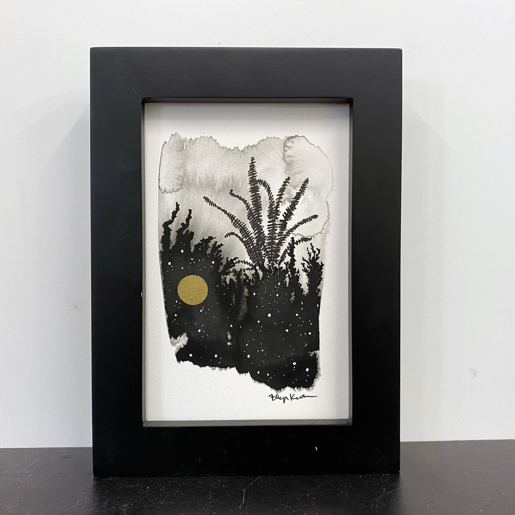 Beauty in the Upside Down 31 - Single Fern and little Full Moon - Original Drawing - 4”x6”