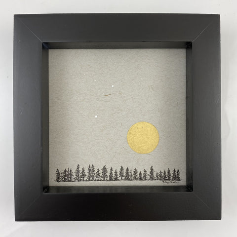 Tree Line and Full Moon - Grey and Gold Collection #11 - Original drawing - 4"x4"