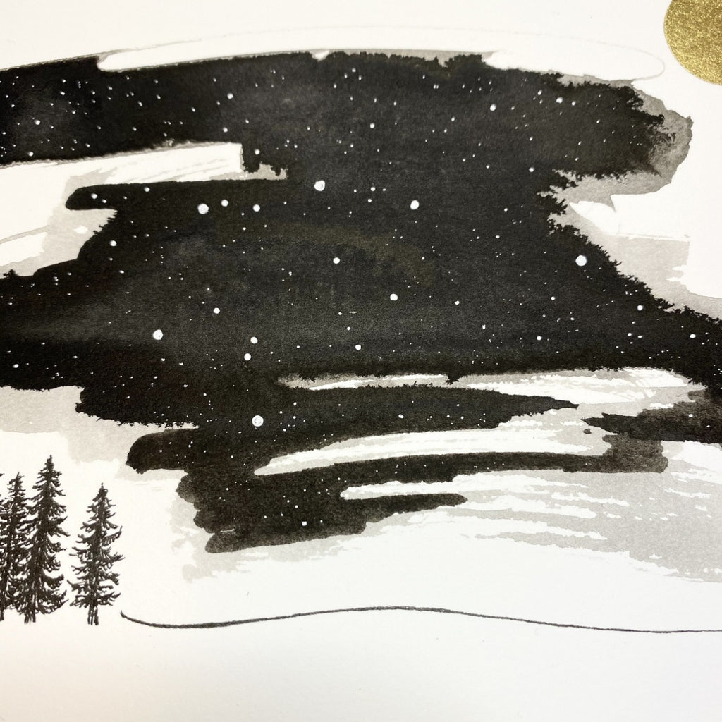Winter Night Sky 26 - Aquarius and tree family - 6 x 8 - Original Drawing