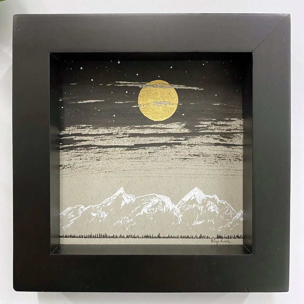Snowy Mountain and a Cloudy Night Sky - Grey and Gold Collection #36 - Original drawing - 4"x4"