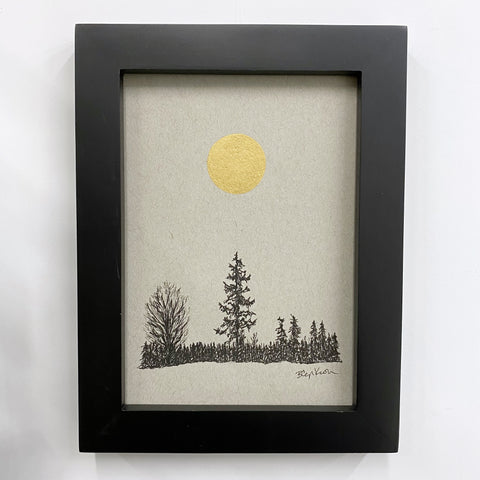 Winter Evening Full Moon - Grey and Gold Collection #49 - Original drawing - 5"x7"