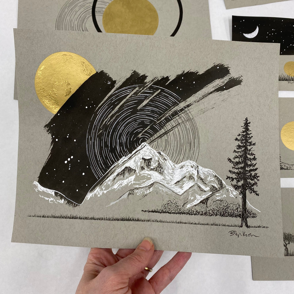 Orion, Star Trails, Mountain and Tree - Grey and Gold Collection #54 - Original drawing - 8"x10"