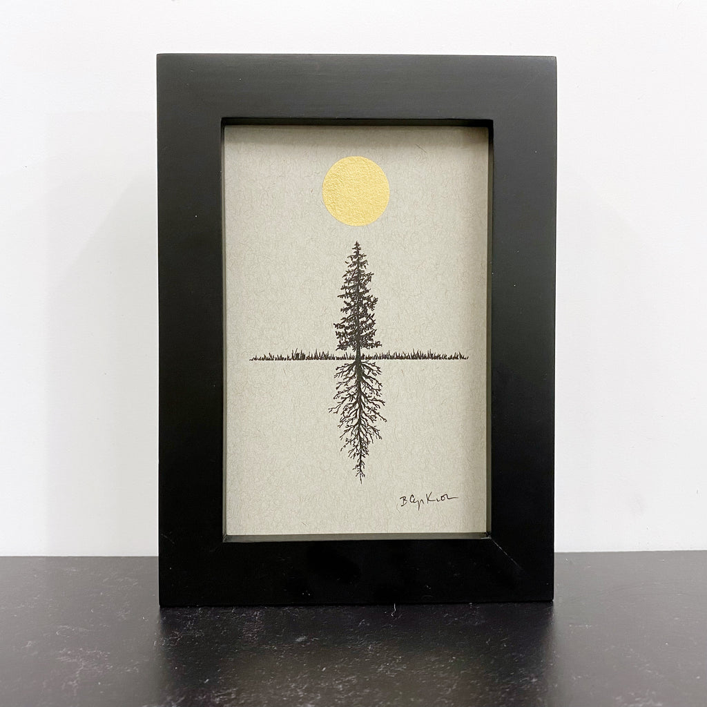 Full moon, tree and roots - Grey and Gold Collection #63 - Original drawing - 4"x6"