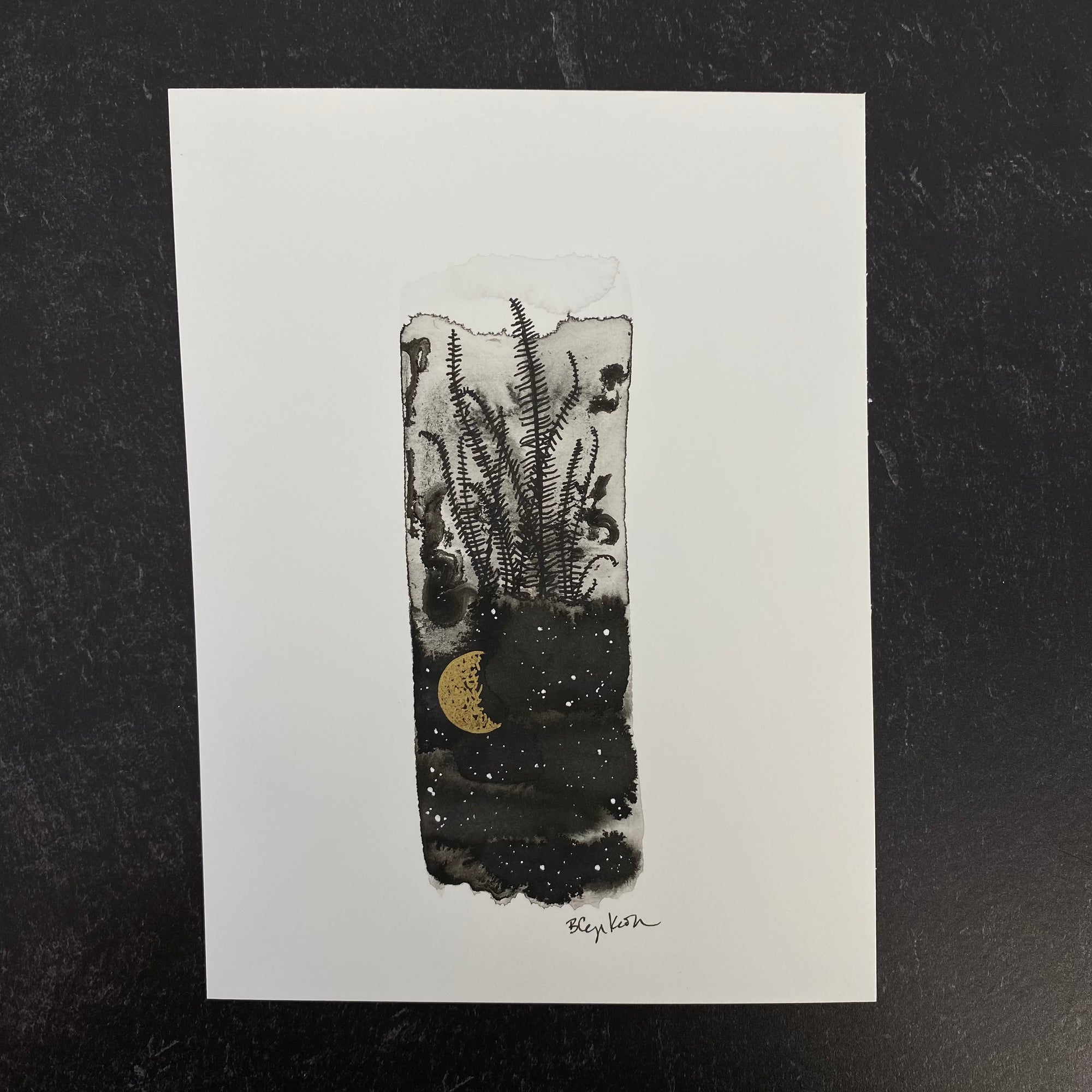 Beauty in the Upside Down 36 - Tall Fern and Crescent Moon - Original Drawing - 6”x8”